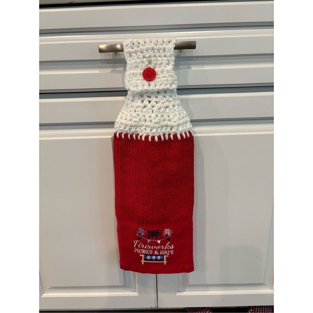 Crochet Top Kitchen Towel-Fireworks picnic & BBQ